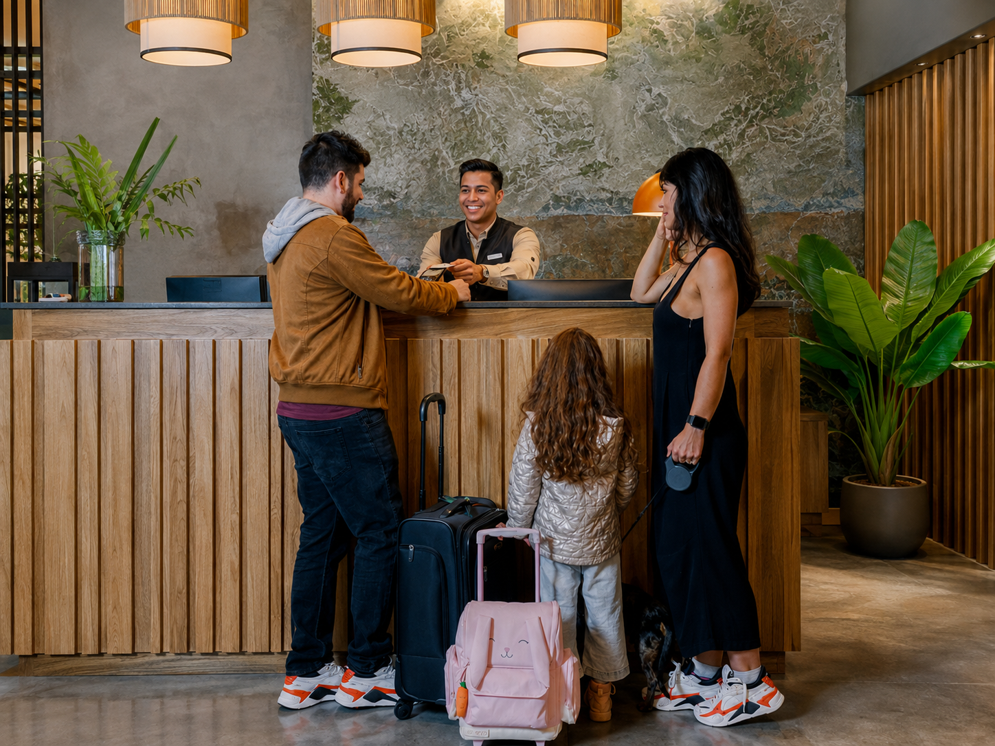 Recepcionista atendiendo a una familia en el check-in