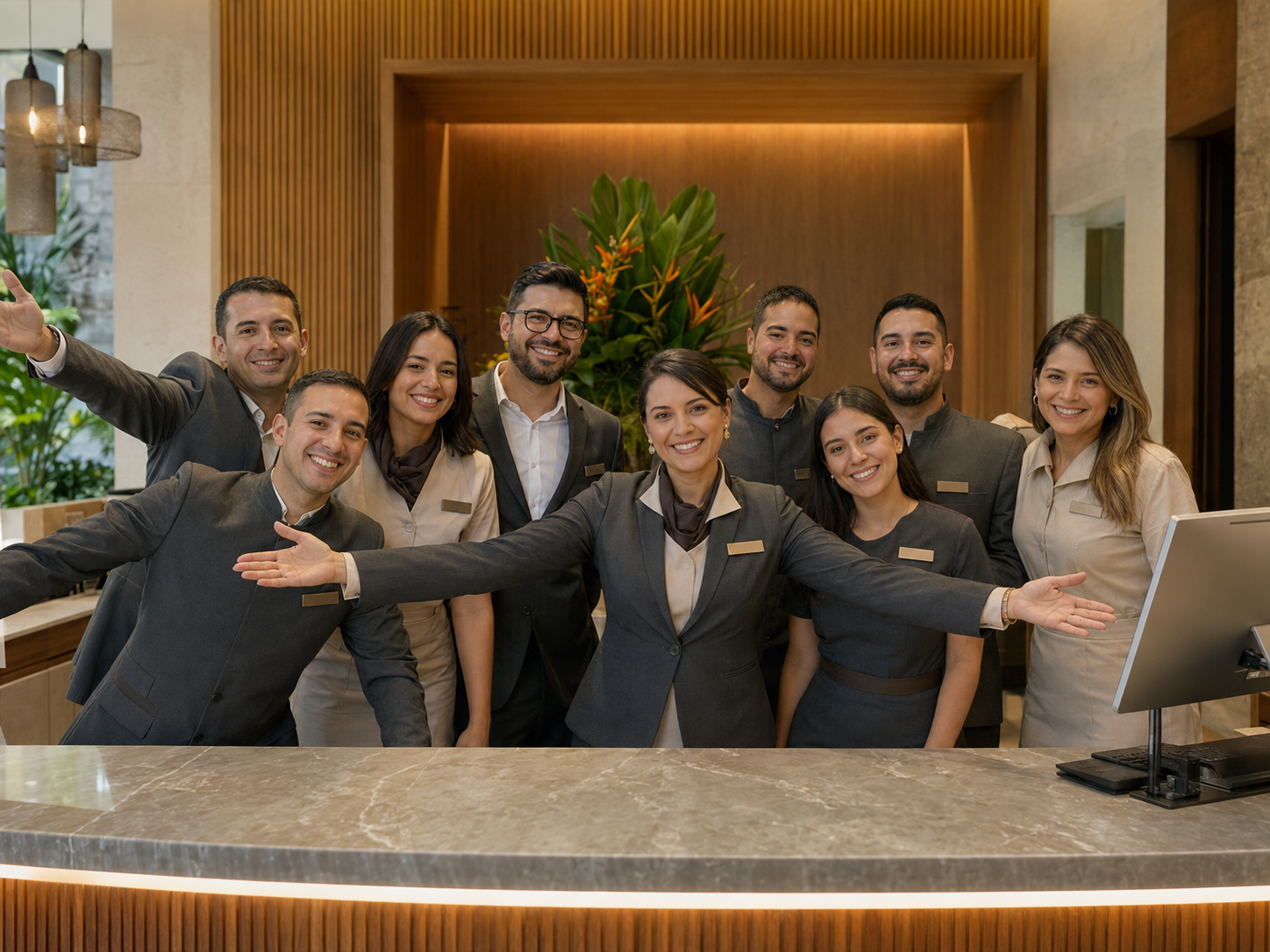 Equipo de recepción de un hotel premium atendiendo a sus huéspedes