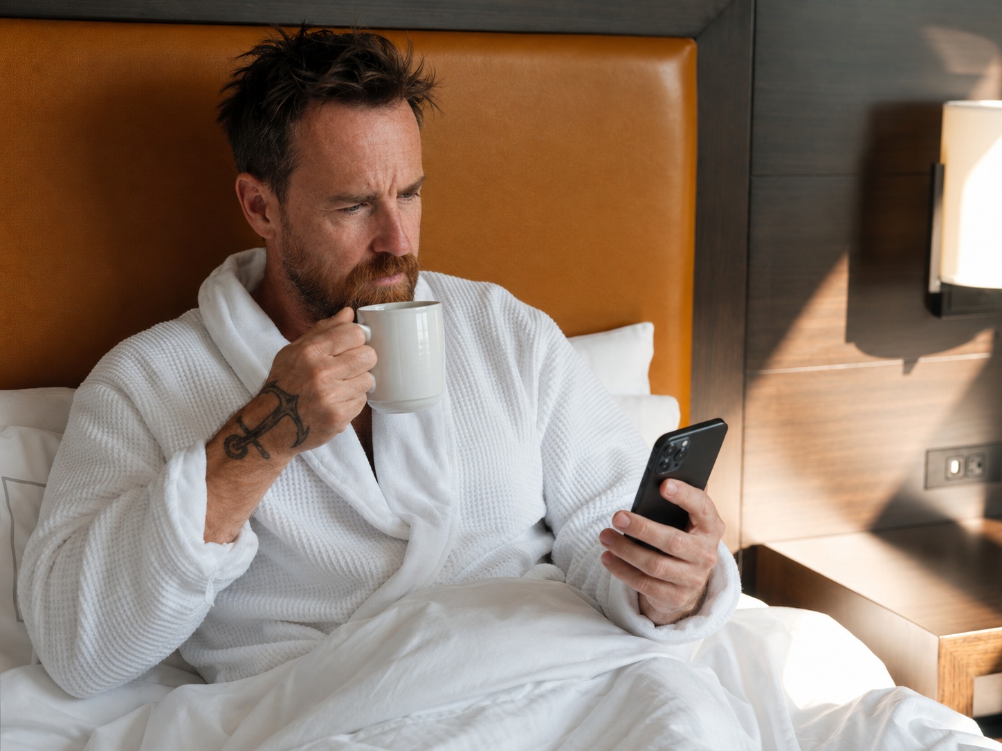 Huésped en su habitación de hotel usando el celular con un café